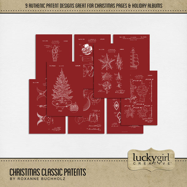 Add warmth to all your Christmas pages with these authentic holiday patent embellishments on a traditional red journaling card with white line drawings by Lucky Girl Creative digital art. Patents include Christmas decorations, angel, icicle lights, nativity ornament, ornaments, tree topper, tree skirt, and more! This kit is included in the Christmas Classic Mega Bundle.