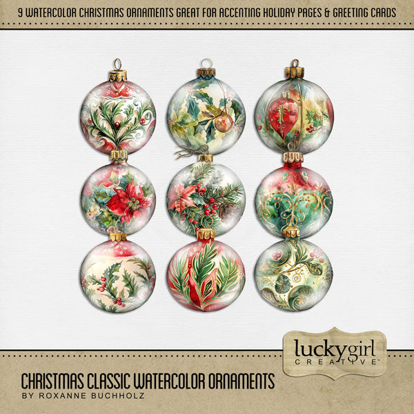 Accent your Christmas greeting cards and traditional holiday pages with these watercolor ornament embellishments in classic colors of red and green by Lucky Girl Creative digital art for digital scrapbooking! Ornaments include holly, evergreen, poinsettia, pinecones, and more. This kit is included in the Christmas Classic Mega Bundle.