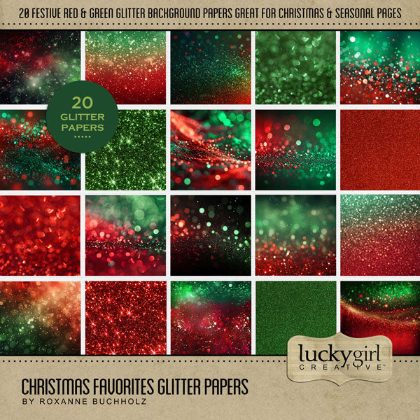 With red and green sparkling glitter, this digital scrapbooking paper pack by Lucky Girl Creative digital art offers the perfect backdrop to tell your Christmas story. This kit is included in the Christmas Favorites Papers Bundle.