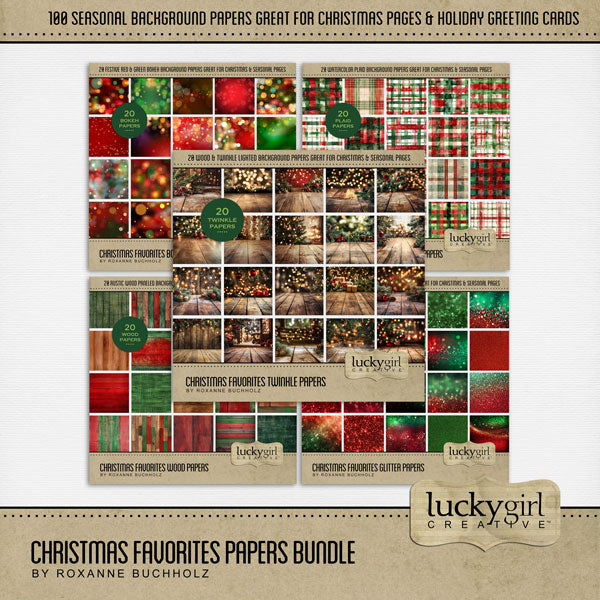 With red and green sparkling bokeh lights, glitter, paneled wood, twinkling lights, and watercolor plaid, this digital scrapbooking paper bundle by Lucky Girl Creative digital art offers 100 perfect backdrops to tell your Christmas story.