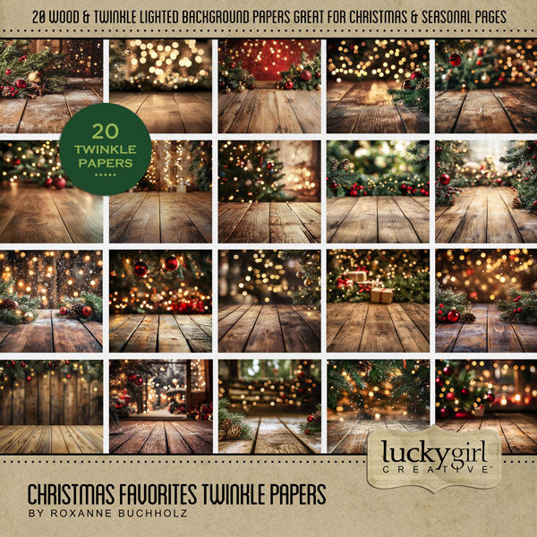 With red lights, evergreen boughs, and brown wood Christmas scenes, this twinkling lights digital scrapbooking paper pack by Lucky Girl Creative digital art offers the perfect backdrop to tell your Christmas story. This kit is included in the Christmas Favorites Papers Bundle.