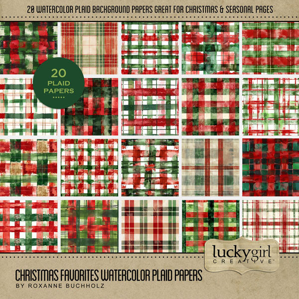 With red and green watercolor plaids, this digital scrapbooking paper pack by Lucky Girl Creative digital art offers the perfect backdrop to tell your Christmas story. This kit is included in the Christmas Favorites Papers Bundle.