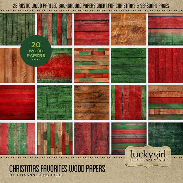 With red, green, and brown wood panels, this digital scrapbooking paper pack by Lucky Girl Creative digital art offers the perfect backdrop to tell your Christmas story. This kit is included in the Christmas Favorites Papers Bundle.