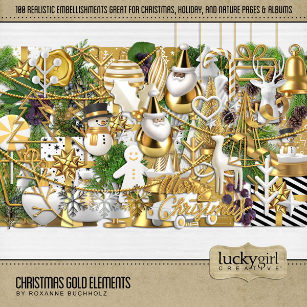 Accent your digital scrapbook pages with realistic embellishments by Lucky Girl Creative in gold and white with accents of evergreen boughs and berries. These digital art embellishments are great for all your Christmas projects. Embellishments include ribbon, bow, evergreen, bough, pine, candy cane, Christmas bell, Christmas present, Christmas gift, gingerbread man, garland, beads, pinecone, holly, heart, ornament, and more!
