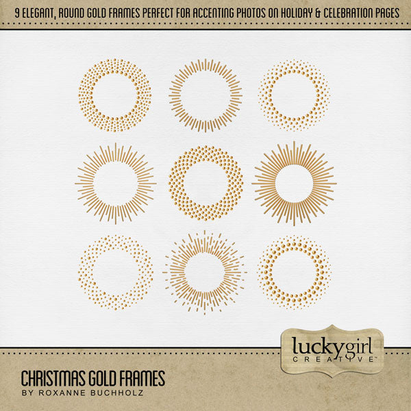 Accent your digital scrapbook pages with elegant Christmas frames by Lucky Girl Creative. Designed as round overlays in a shiny gold, these digital art embellishments are great for all your Christmas, New Year, anniversary, and birthday projects. Great for weddings, too!