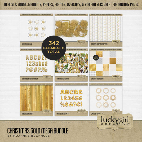 Celebrate Christmas and the New Year with this gold collection by Lucky Girl Creative that will add sparkle and shine to all your holiday pages! Bundle includes embellishments, papers, patterned overlays, flair, frames, glitter scatters, and 2 alpha sets. Embellishments include ribbon, bow, evergreen, bough, pine, candy cane, Christmas bell, Christmas present, Christmas gift, gingerbread man, Santa Claus, and more!