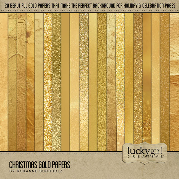 Accent your digital scrapbook pages with these elegant gold backgrounds by Lucky Girl Creative. These digital art papers are great for all your Christmas, New Year, anniversary, and birthday projects. Wonderful for weddings, too!