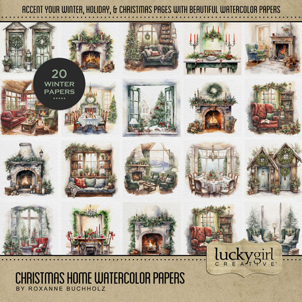 Perfect for Christmas, preserving family traditions, winter, and family gatherings at home, this digital art watercolor paper pack by Lucky Girl Creative will add the perfect touch of charm to all your digital scrapbooking pages. Background paper scenes include snow, front door, fireplace, living room, Christmas dinner around the table, cozy reading nooks, den, cabin, open windows, and more. This paper kit is NOT included in any bundle.