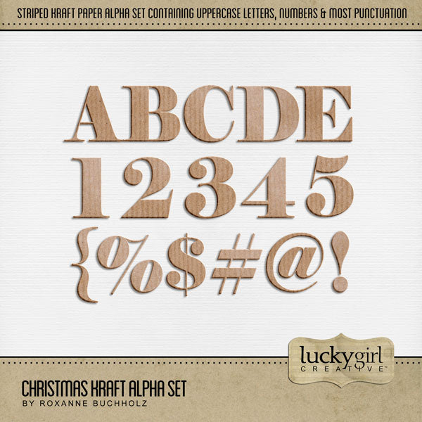 Accent your everyday digital scrapbook pages with these kraft paper alpha embellishments by Lucky Girl Creative. Great for craft hobbies and school projects, too. The Christmas Kraft Alpha Set consists of a full set of digital art uppercase letters, numbers 0-9, and most punctuation marks. This alpha set is available as individual embellishments only. 