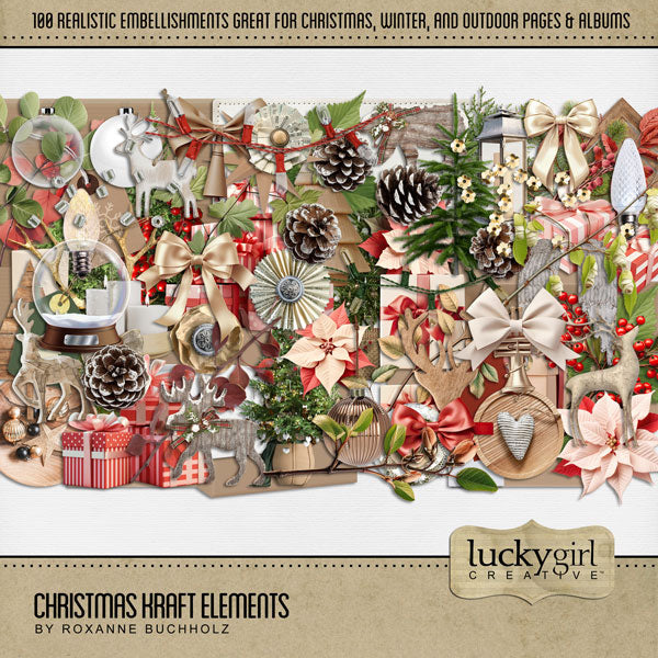 Accent your digital scrapbook pages with warm Christmas embellishments by Lucky Girl Creative. Great for Christmas, winter, outdoor, and nature projects.   Elements include angel wings, antlers, berries, evergreen, pine, bough, box, shipping box, leaves, branch, button, hanging lights, Christmas lights, Christmas tree, ornaments, holiday ornaments, reindeer, deer, lantern, light bulb, luminary candle bag, paper flowers, pinecones, poinsettia, present, gift, ribbon, bow, and more