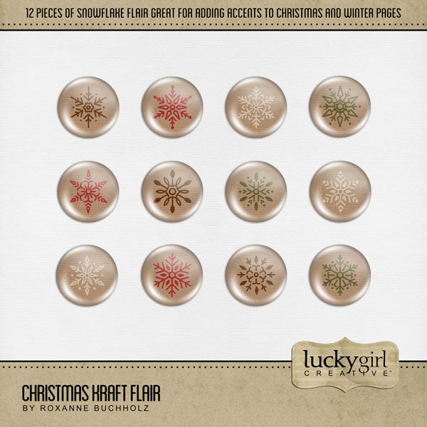 Accent your digital scrapbook pages with warm Christmas flair by Lucky Girl Creative. Designed as round acrylic buttons with snowflakes, these digital art embellishments are great for all your Christmas and winter projects.