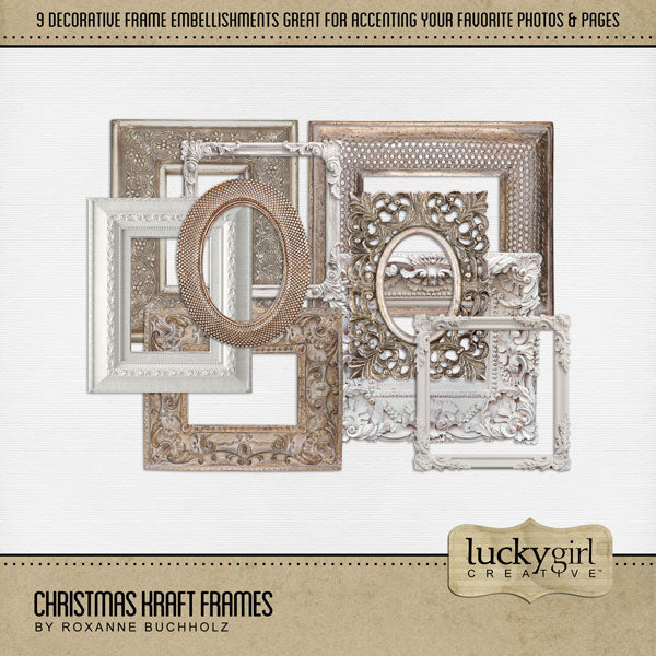 Accent your digital scrapbook pages with warm decorative photo frames by Lucky Girl Creative. Neutral in color, these embellishments can be used as photo frames or backdrops for clusters or photo mats.