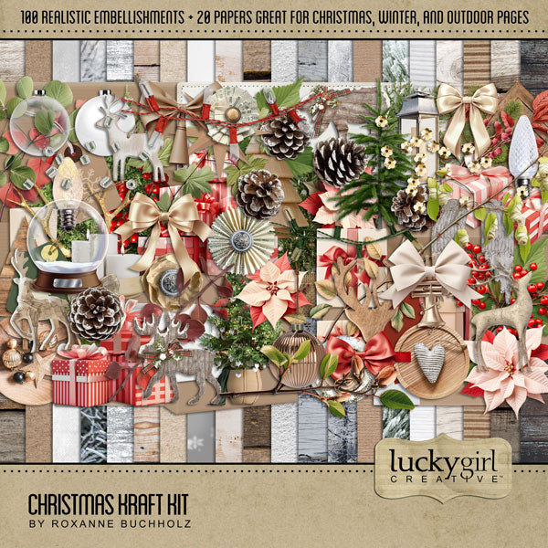 Accent your digital scrapbook pages with warm Christmas embellishments and winter papers by Lucky Girl Creative. Great for Christmas, winter, outdoor, and nature projects.   Elements include angel wings, antlers, berries, evergreen, pine, bough, box, shipping box, leaves, branch, button, hanging lights, Christmas lights, Christmas tree, ornaments, holiday ornaments, reindeer, deer, lantern, light bulb, luminary candle bag, paper flowers, pinecones, poinsettia, present, gift, ribbon, bow, and more!