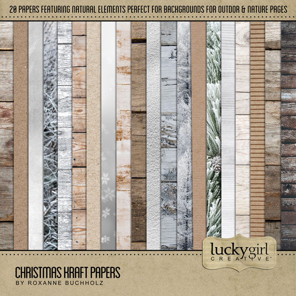 Accent your digital scrapbook pages with warm winter and wood backgrounds by Lucky Girl Creative. These digital art papers are great for Christmas, winter, outdoor, and nature projects. Textures include kraft paper, evergreen, snow, trees, and weathered wood.