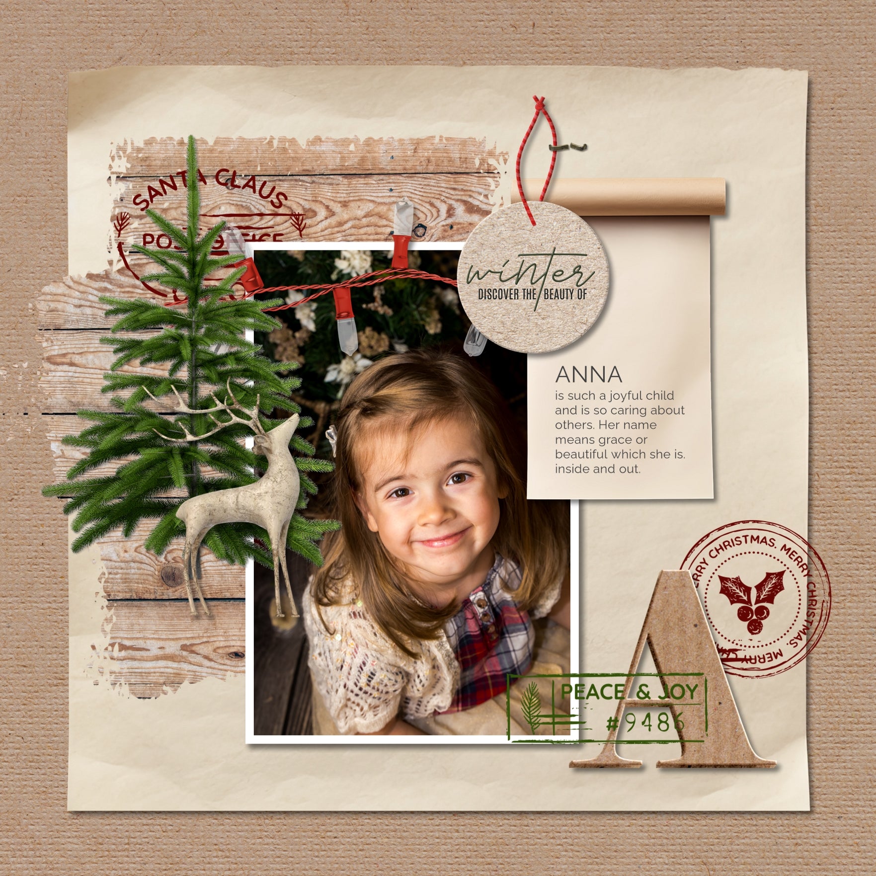 Accent your digital scrapbook pages with warm Christmas embellishments, winter papers, flair, alpha sets, frames, tags, and postage stamps by Lucky Girl Creative. Great for Christmas, winter, outdoor, and nature projects. 