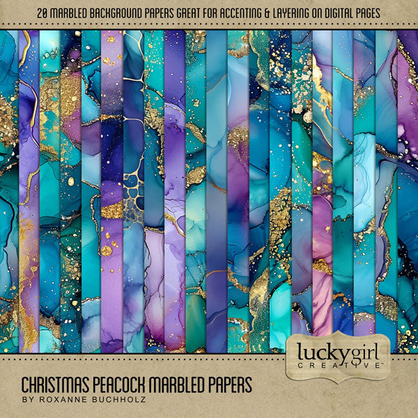 Christmas Peacock Marbled Papers Digital Scrapbook Kit