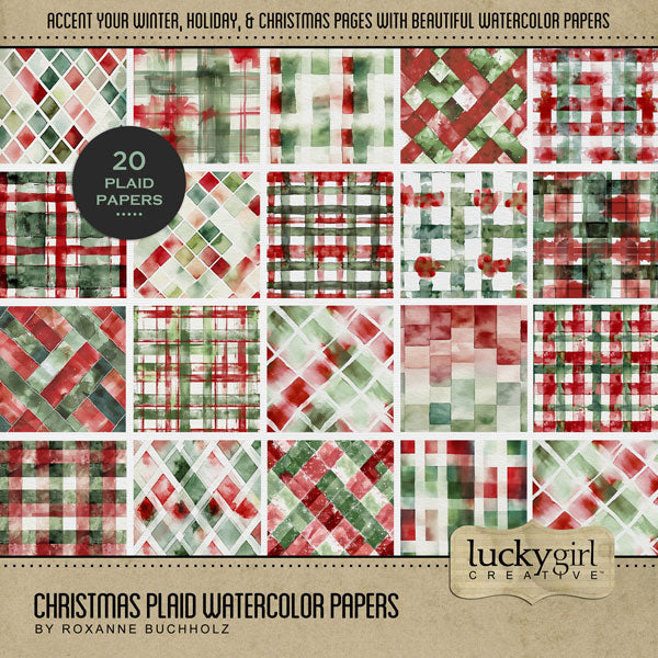 Perfect for Christmas, winter, preserving family traditions, holiday gatherings, and Christmas parties, this digital art plaid watercolor paper pack by Lucky Girl Creative will add the perfect touch of charm to all your digital scrapbooking pages. Designed in traditional Christmas colors of red and green. This paper kit is NOT included in any bundle.