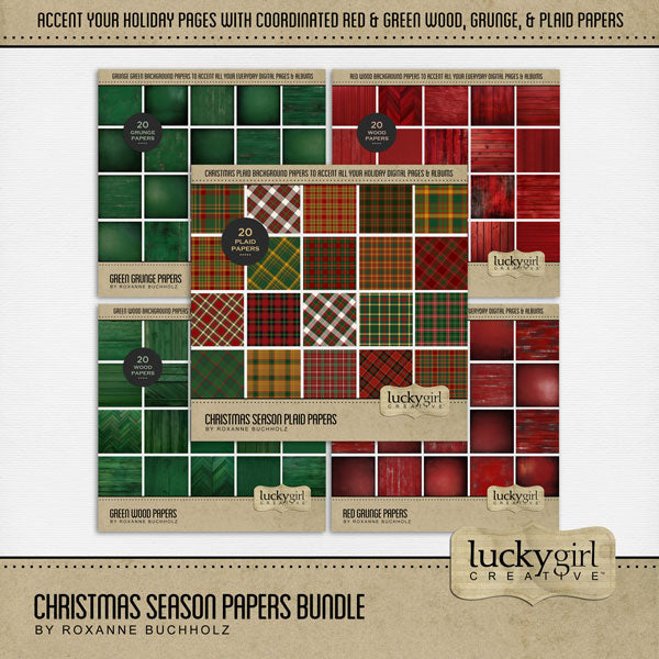 Accent your Christmas greeting cards and traditional seasonal pages with these grunge, wood, and plaid tartan papers by Lucky Girl Creative digital art for digital scrapbooking. Great for Christmas, festive parties, holiday greeting cards, and more!