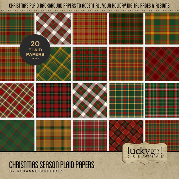 Accent your Christmas greeting cards and traditional seasonal pages with these plaid tartan papers in traditional tones of green, red, and yellow by Lucky Girl Creative digital art for digital scrapbooking. Great for Christmas, festive parties, holiday greeting cards, and more! This kit is included in the Christmas Season Papers Bundle.