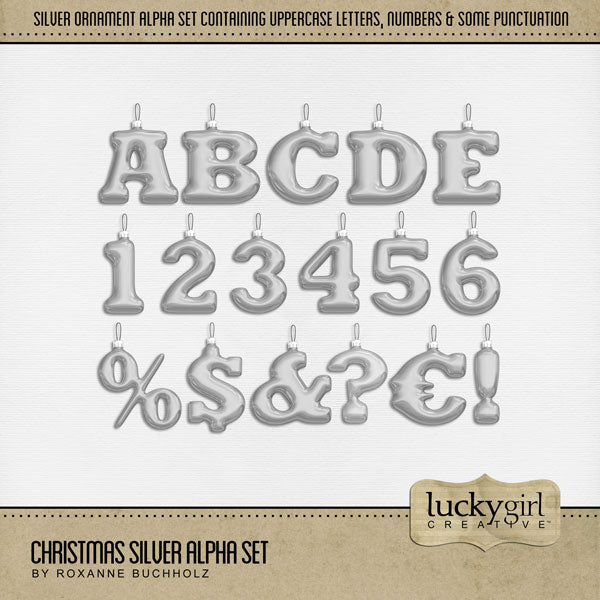 Celebrate the holidays with this beautiful silver ornament alpha set by Lucky Girl Creative. These digital art embellishments are great for all your Christmas projects! The Christmas Silver Alpha Set consists of a full set of digital art uppercase letters A-Z, numbers 0-9, and some punctuation marks.