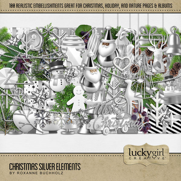 Accent your digital scrapbook pages with realistic embellishments by Lucky Girl Creative in silver and white with accents of evergreen boughs and berries. These digital art embellishments are great for all your Christmas projects. Embellishments include ribbon, bow, evergreen, bough, pine, candy cane, Christmas bell, Christmas present, Christmas gift, gingerbread man, garland, beads, pinecone, and more!
