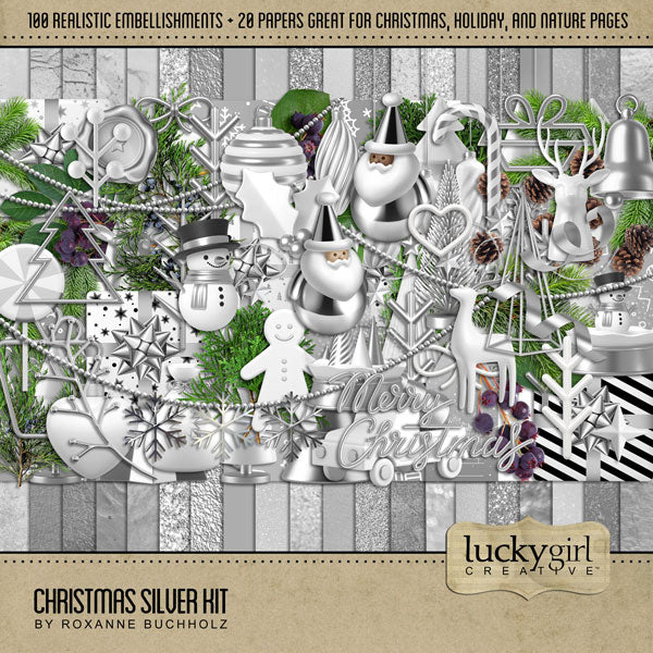 Accent your digital scrapbook pages with realistic embellishments and elegant textured silver papers by Lucky Girl Creative. These digital art embellishments and digital papers are great for all your Christmas projects.