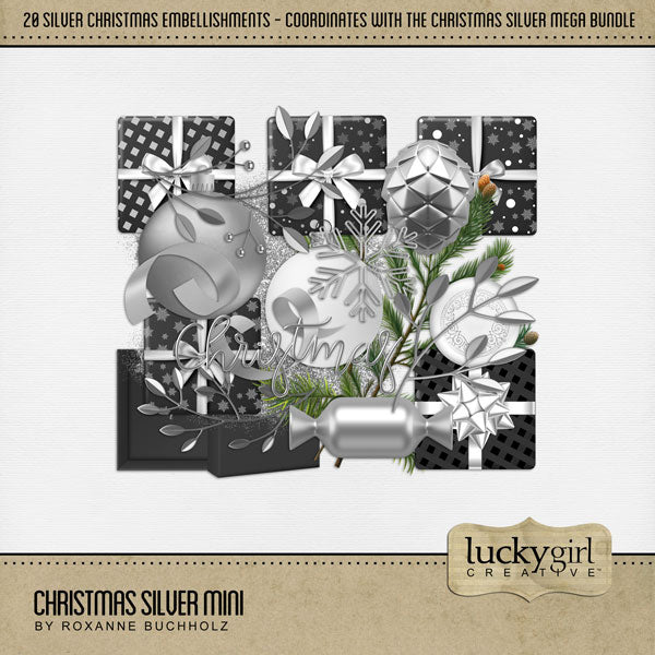 Celebrate Christmas with this silver mini digital art collection by Lucky Girl Creative that will add sparkle and shine to all your holiday pages! Embellishments include Christmas present, Christmas gift, pinecone, evergreen pine branch, ornaments, candy, glitter, wire snowflake, wire handwritten Christmas, ribbon, streamers, and more!