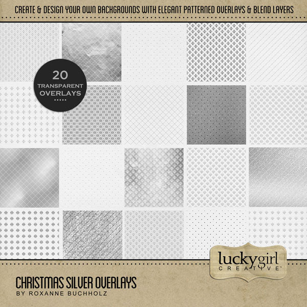 Accent your digital scrapbook pages with elegant transparent overlays by Lucky Girl Creative to create your own unique digital papers. These digital art overlays are great for all your Christmas, New Year, anniversary, and birthday projects. Wonderful for weddings, too! Fill with your favorite color, photo, or paper to create a unique effect.