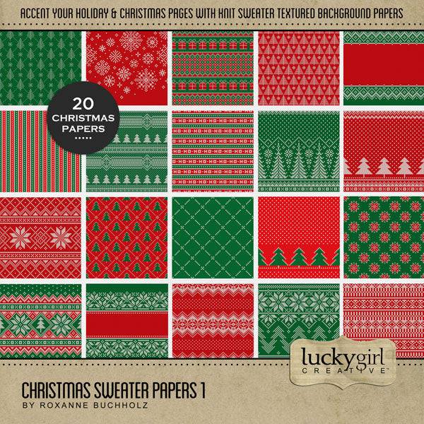 Perfect for Christmas, winter, and cold weather adventures, these cozy digital scrapbooking knit sweater background papers by Lucky Girl Creative digital art will add the perfect touch of warmth to all your seasonal scrapbook pages. Need a different color? No problem. All papers can easily be colorized by adjusting the hue. This paper kit is included in the Christmas Sweater Papers Bundle.