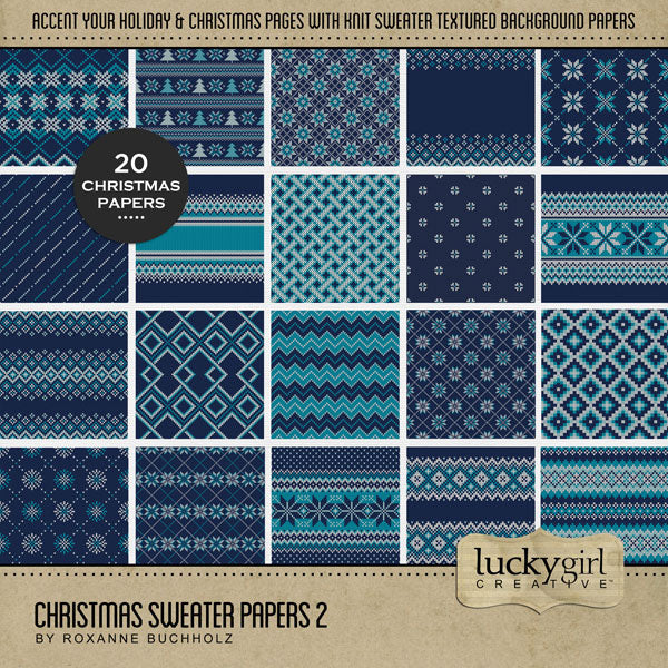 Perfect for Christmas, winter, and cold weather adventures, these cozy digital scrapbooking knit sweater background papers by Lucky Girl Creative digital art will add the perfect touch of warmth to all your seasonal scrapbook pages. Need a different color? No problem. All papers can easily be colorized by adjusting the hue. This paper kit is included in the Christmas Sweater Papers Bundle.