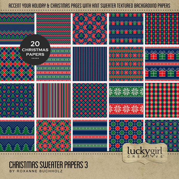 Perfect for Christmas, winter, and cold weather adventures, these cozy digital scrapbooking knit sweater background papers by Lucky Girl Creative digital art will add the perfect touch of warmth to all your seasonal scrapbook pages. Need a different color? No problem. All papers can easily be colorized by adjusting the hue. This paper kit is included in the Christmas Sweater Papers Bundle.