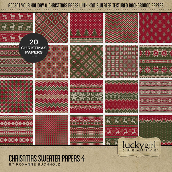 Perfect for Christmas, winter, and cold weather adventures, these cozy digital scrapbooking knit sweater background papers by Lucky Girl Creative digital art will add the perfect touch of warmth to all your seasonal scrapbook pages. Need a different color? No problem. All papers can easily be colorized by adjusting the hue. This paper kit is included in the Christmas Sweater Papers Bundle.