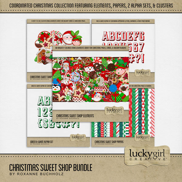 Add these sweet embellishments, bold patterned papers, clusters, and 2 alpha sets by Lucky Girl Creative digital art to all your holiday digital scrapbooking pages! In hues of red, green, and white, these sweet elements add so much fun to all your Christmas projects including greeting cards and holiday decor. Embellishments include cake pop, cake, candy cane, candy cane frames, heart, candy corn, gingerbread house, cookie, star, Christmas tree, cupcake, elf, penguin, Santa Claus, snowflake, wreath, and more