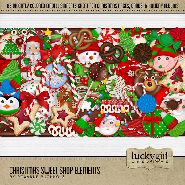 Add these sweet embellishments by Lucky Girl Creative digital art to all your holiday digital scrapbooking pages! In hues of red, green, and white, these sweet embellishments add so much fun to all your Christmas projects including greeting cards and holiday decor. Embellishments include cake pop, cake, candy cane, candy cane frames, heart, candy corn, gingerbread house, cookie, star, Christmas tree, cupcake, elf, penguin, Santa Claus, snowflake, wreath, donut, doughnut, frosting, icing, peppermint, ribbon,