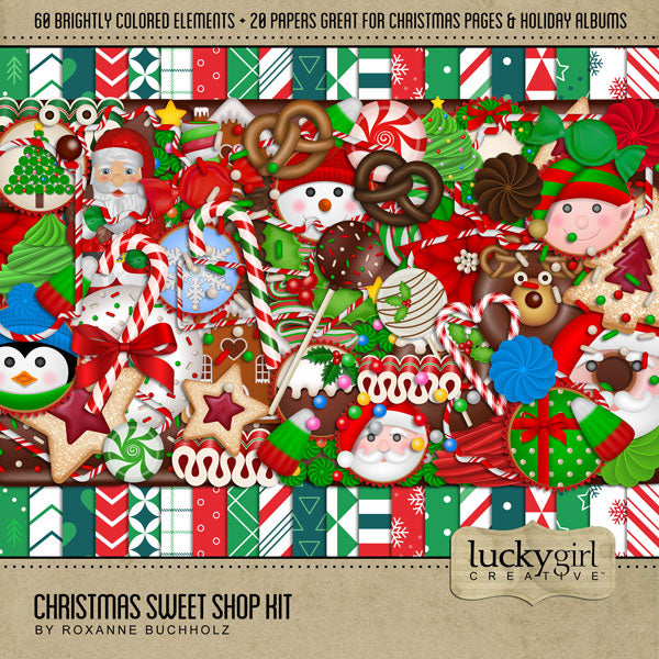 Add these sweet embellishments and bold patterned papers by Lucky Girl Creative digital art to all your holiday digital scrapbooking pages! In hues of red, green, and white, these sweet elements add so much fun to all your Christmas projects including greeting cards and holiday decor. Embellishments include cake pop, cake, candy cane, candy cane frames, heart, candy corn, gingerbread house, cookie, star, Christmas tree, cupcake, elf, penguin, Santa Claus, snowflake, wreath, donut, doughnut, and more.