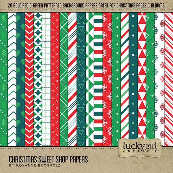 Add these bold patterned background papers by Lucky Girl Creative digital art to all your digital scrapbooking pages! In hues of red, green, and white, these papers add so much fun to all your Christmas projects including greeting cards and holiday decor. Patterns include stripes, stars, diagonal, chevron, heart, plaid, polka dots, snow flakes, grid, pine trees, triangles, and more. This kit is included in the Christmas Sweet Shop Bundle.