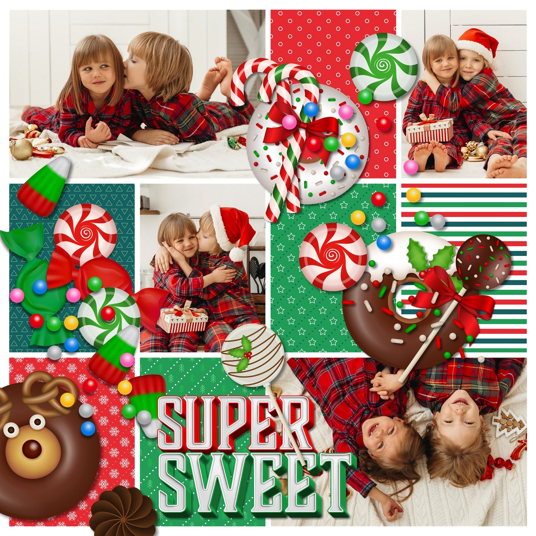 Add these sweet embellishments, bold patterned papers, clusters, and 2 alpha sets by Lucky Girl Creative digital art to all your holiday digital scrapbooking pages! In hues of red, green, and white, these sweet elements add so much fun to all your Christmas projects including greeting cards and holiday decor. Embellishments include cake pop, cake, candy cane, candy cane frames, heart, candy corn, gingerbread house, cookie, star, Christmas tree, cupcake, elf, penguin, Santa Claus, snowflake, wreath, and more