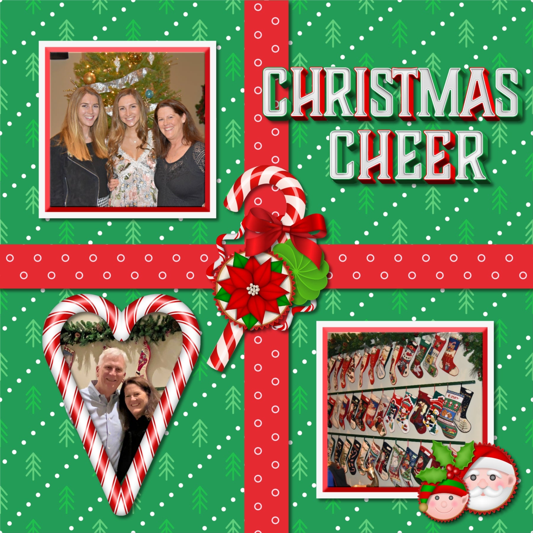 Add these sweet embellishments, bold patterned papers, clusters, and 2 alpha sets by Lucky Girl Creative digital art to all your holiday digital scrapbooking pages! In hues of red, green, and white, these sweet elements add so much fun to all your Christmas projects including greeting cards and holiday decor. Embellishments include cake pop, cake, candy cane, candy cane frames, heart, candy corn, gingerbread house, cookie, star, Christmas tree, cupcake, elf, penguin, Santa Claus, snowflake, wreath, and more