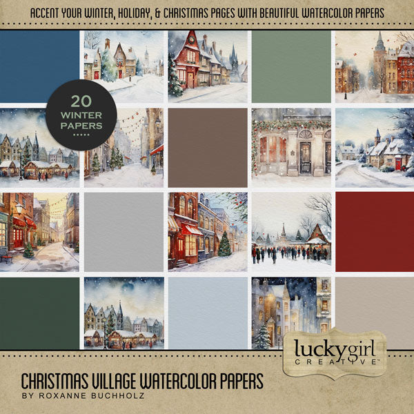 Perfect for Christmas, preserving family traditions, winter, and holiday shopping in quaint Christmas villages and shops, this digital art watercolor paper pack by Lucky Girl Creative will add the perfect touch of charm to all your digital scrapbooking pages. Background paper scenes include village in snow, street, town with holiday decorations, downtown, holiday street fair, houses, homes, and more plus 7 coordinated full color and textured papers. This kit is not included in any bundle.