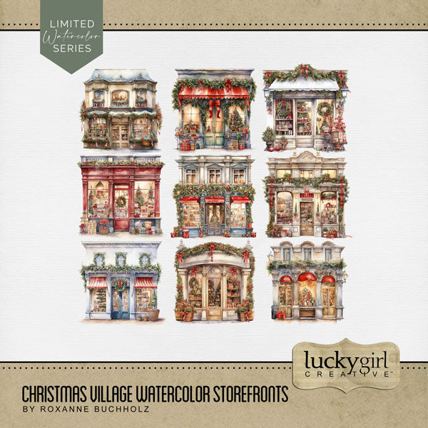 Perfect for Christmas, preserving family traditions, winter, and holiday shopping in quaint Christmas villages and town shops, this digital art watercolor embellishments kit by Lucky Girl Creative will add the perfect touch of charm to all your digital scrapbooking pages. This embellishments kit is NOT included in any bundle.