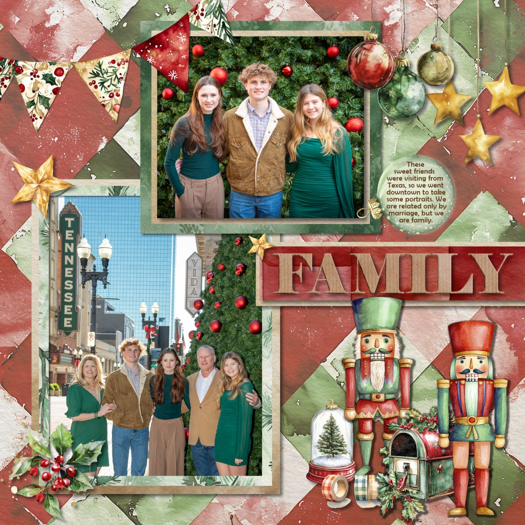 Perfect for Christmas, winter, preserving family traditions, holiday gatherings, and Christmas parties, this digital art embellishments kit by Lucky Girl Creative will add the perfect touch of charm to all your digital scrapbooking pages. Designed in traditional Christmas colors of red and green. This paper kit is NOT included in any bundle.