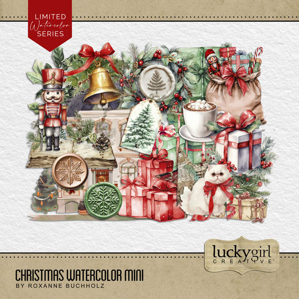 Perfect for Christmas, winter, preserving family traditions, holiday gatherings, and Christmas parties, this digital art mini kit by Lucky Girl Creative digital art will add the perfect touch of charm to all your scrapbook pages. Designed in traditional Christmas colors of red and green. Embellishments include kitty cat, bell, book, Christmas tree, hot chocolate, hot cocoa, gift, present, holly, house, nutcracker, Santa Claus sack of presents, star, tag, wax seal, snowflake, wreath, and more.