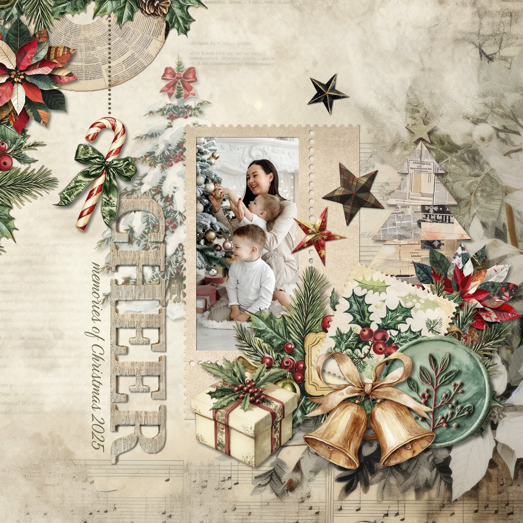 Add these vintage-inspired embellishments, winter papers, newspaper alpha set, clusters, and grunge overlays by Lucky Girl Creative digital art to all your Christmas greeting cards, holiday decor, and winter pages. In a shabby chic style, these digital scrapbooking elements feature bits of newspaper and vintage advertisements. Great for family history and genealogy pages, too! Embellishments include angel, bird, baby Jesus, bells, button, candle, arch, candy cane, tree, deer, stag, reindeer, and more.