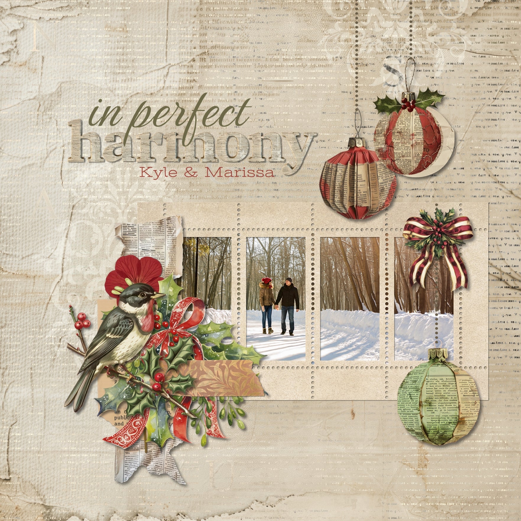 Add these vintage-inspired embellishments, winter papers, newspaper alpha set, clusters, and grunge overlays by Lucky Girl Creative digital art to all your Christmas greeting cards, holiday decor, and winter pages. In a shabby chic style, these digital scrapbooking elements feature bits of newspaper and vintage advertisements. Great for family history and genealogy pages, too! Embellishments include angel, bird, baby Jesus, bells, button, candle, arch, candy cane, tree, deer, stag, reindeer, and more.