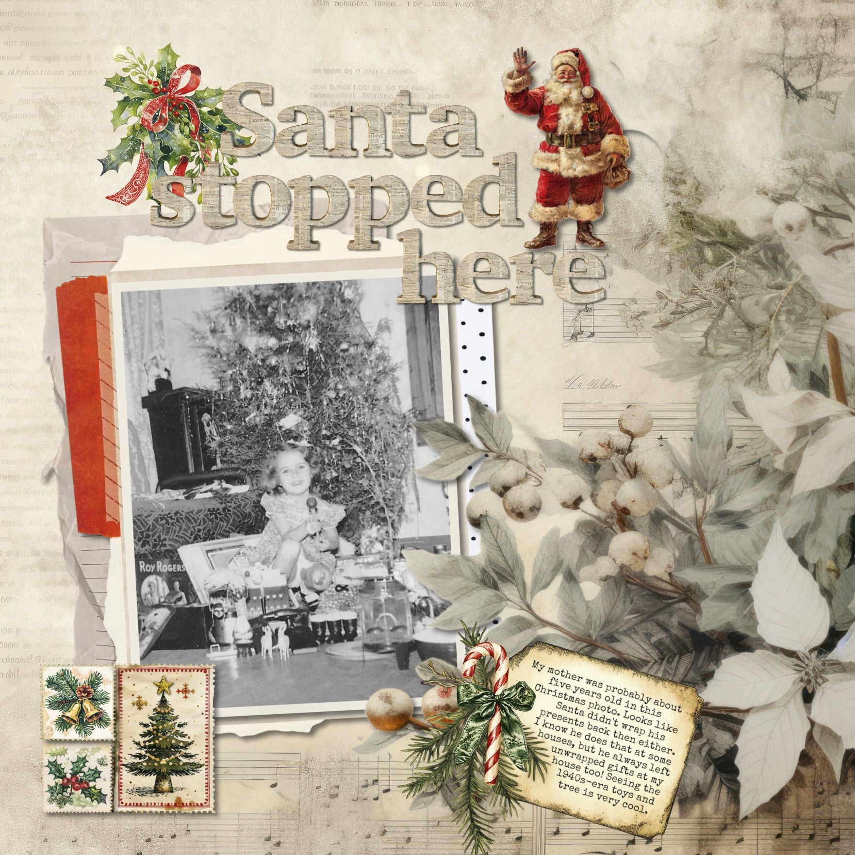 Add these vintage-inspired embellishments, winter papers, newspaper alpha set, clusters, and grunge overlays by Lucky Girl Creative digital art to all your Christmas greeting cards, holiday decor, and winter pages. In a shabby chic style, these digital scrapbooking elements feature bits of newspaper and vintage advertisements. Great for family history and genealogy pages, too! Embellishments include angel, bird, baby Jesus, bells, button, candle, arch, candy cane, tree, deer, stag, reindeer, and more.