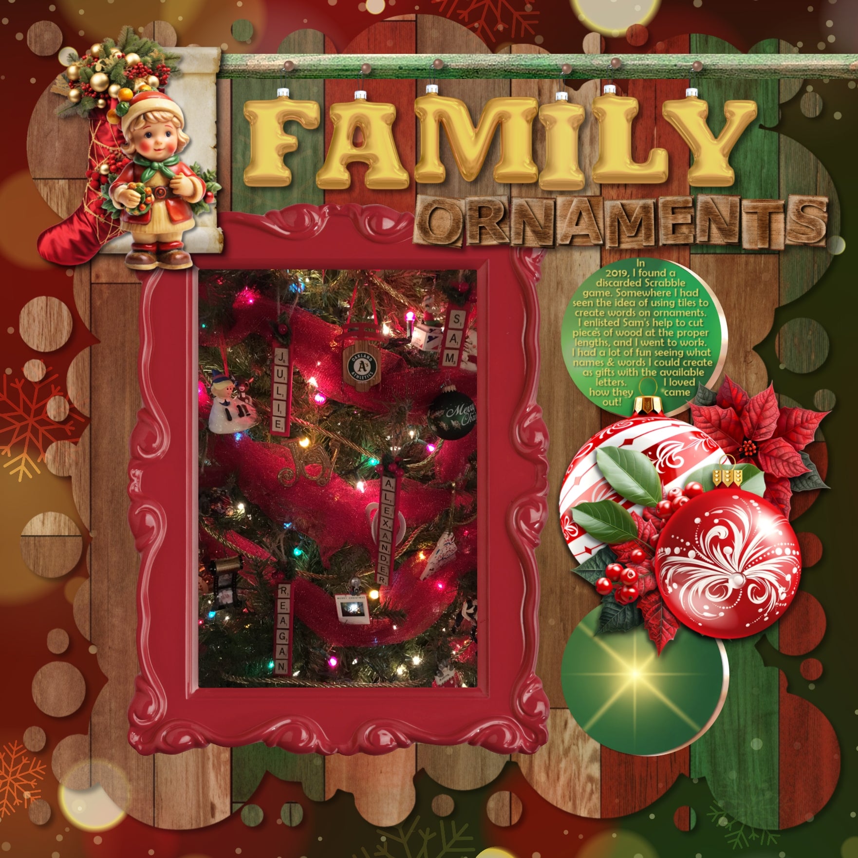 With red and green sparkling bokeh lights, glitter, paneled wood, twinkling lights, and watercolor plaid, this digital scrapbooking paper bundle by Lucky Girl Creative digital art offers 100 perfect backdrops to tell your Christmas story.