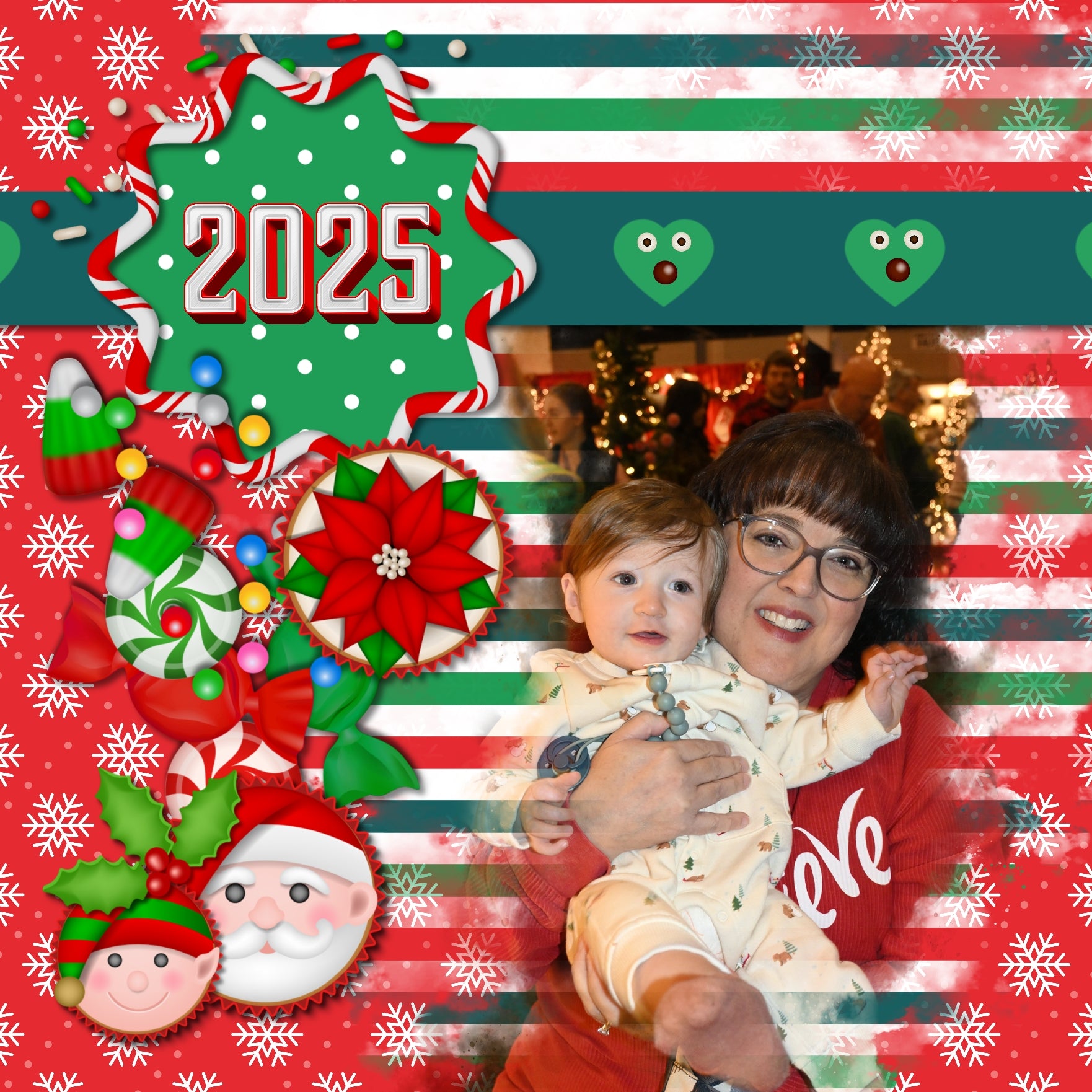 Add these sweet embellishments, bold patterned papers, clusters, and 2 alpha sets by Lucky Girl Creative digital art to all your holiday digital scrapbooking pages! In hues of red, green, and white, these sweet elements add so much fun to all your Christmas projects including greeting cards and holiday decor. Embellishments include cake pop, cake, candy cane, candy cane frames, heart, candy corn, gingerbread house, cookie, star, Christmas tree, cupcake, elf, penguin, Santa Claus, snowflake, wreath, and more