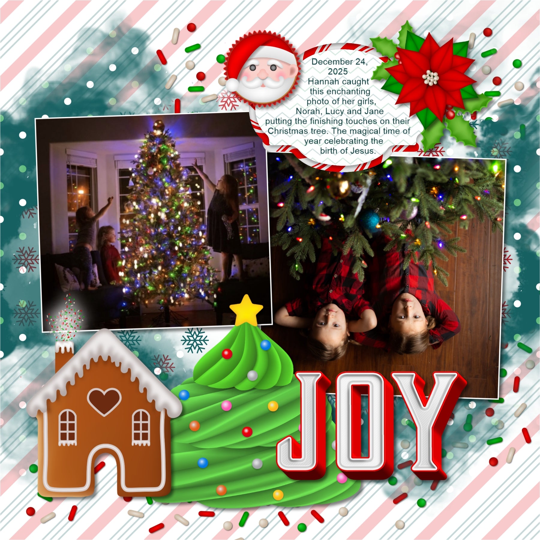 Add these sweet embellishments, bold patterned papers, clusters, and 2 alpha sets by Lucky Girl Creative digital art to all your holiday digital scrapbooking pages! In hues of red, green, and white, these sweet elements add so much fun to all your Christmas projects including greeting cards and holiday decor. Embellishments include cake pop, cake, candy cane, candy cane frames, heart, candy corn, gingerbread house, cookie, star, Christmas tree, cupcake, elf, penguin, Santa Claus, snowflake, wreath, and more