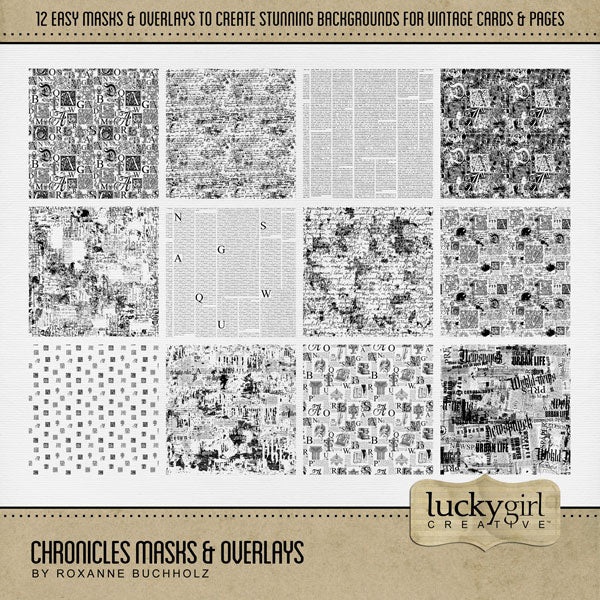 Create your own digital scrapbooking papers with these stylish grunge easy masks & overlays by Lucky Girl Creative digital art inspired by vintage newspapers and typesetting alphabet letters. Fill the textures with your favorite color, photo, or paper to create a unique patterned effect and one-of-a-kind background paper. Great for family history, genealogy, and everyday occasions, too! This kit is included in the Christmas Chronicles Bundle.