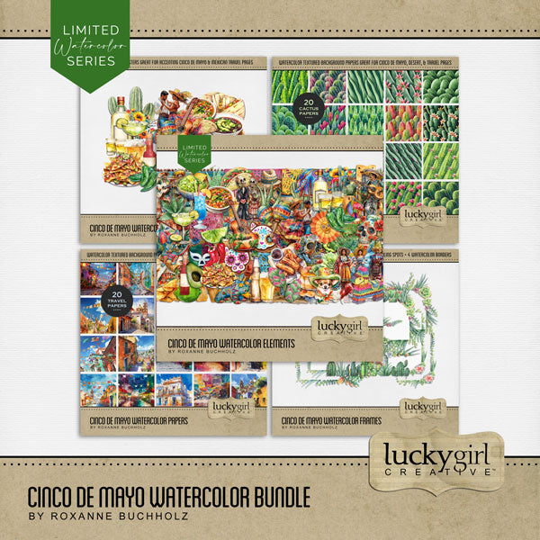 Add these beautiful watercolor embellishments, papers, frames, and clusters by Lucky Girl Creative digital art to all your digital scrapbooking pages to help you celebrate Cinco De Mayo, Taco Tuesday, and the Day of the Dead with style! Great for vacations to Mexico, Arizona, New Mexico, and Texas, too! Embellishments include Chihuahua dog, arch, cactus, succulent, cactus flower, sombrero, candles, cookies, cat, dog, dancers, gift box, sign, beer bottle, beer, cocktail, drink, margarita, tequila, and more.